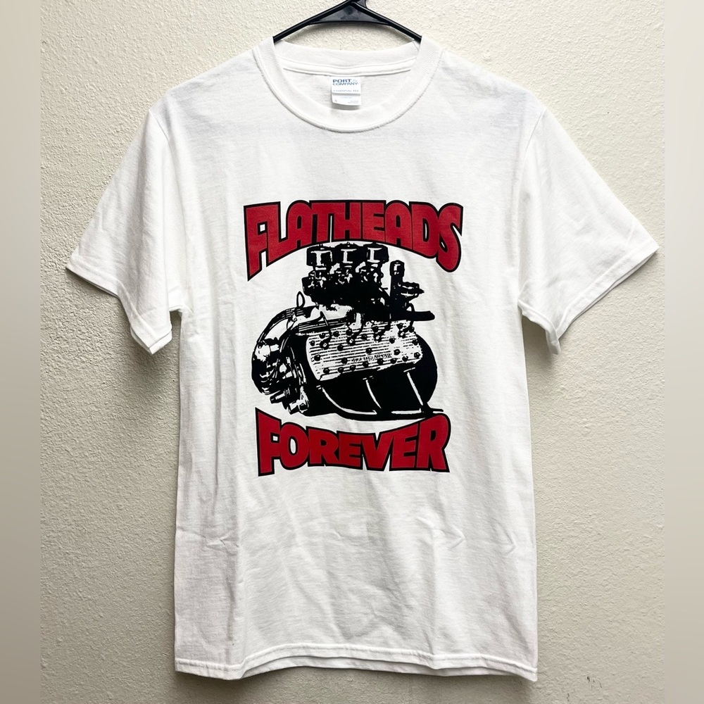 NWOT VTG Flatheads Small Forever White Tshirt Car Hot Rod Dragster Garage Engine
